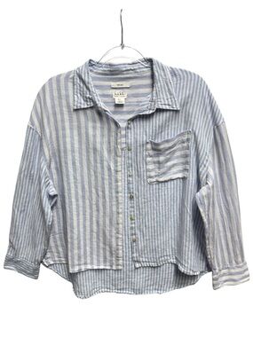 Nicole Miller Pure Linen Knit Chambray Pinstripe Poplin Preppy Shirt
